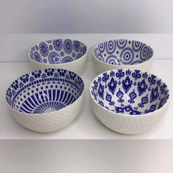 4 Signature International Shibori Tie Dye Cereal Bowls Blue White 5” - Picture 2 of 9